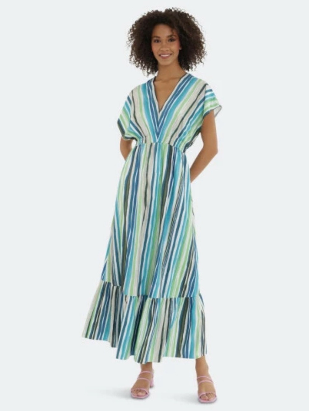 Maggie London Watercolor Striped Maxi Dress Green Blue V-Neck Size 14 Popsicle
